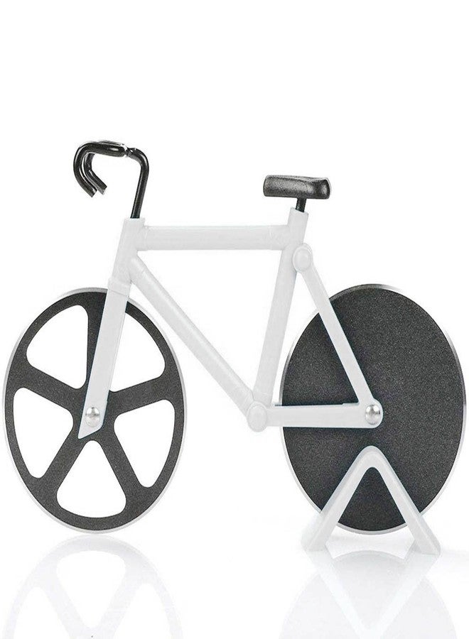 Kookee Pizza Cutter and Slicer for Kitchen and Party, Bicycle with Display Stand and Non-Stick Dual Stainless Steel Wheels (White) - Image 3